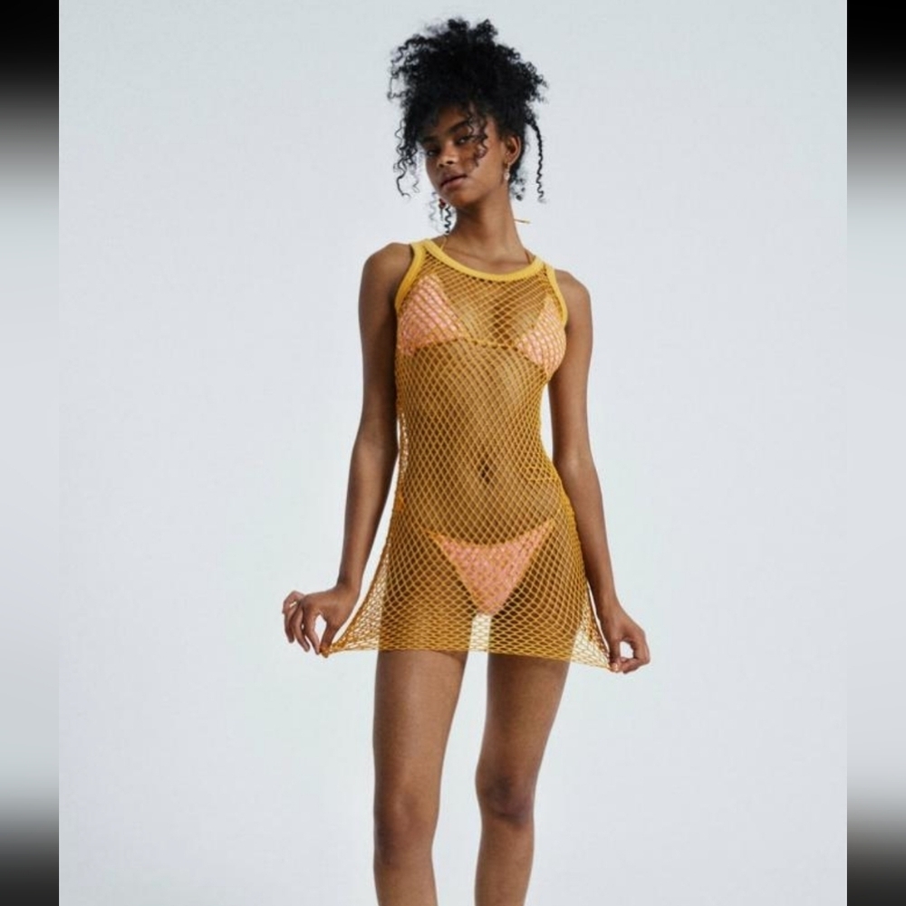 Jaded London Alani String Net Vest Mini Dress. Sleeveless. Mesh. Yellow. Size 4.
